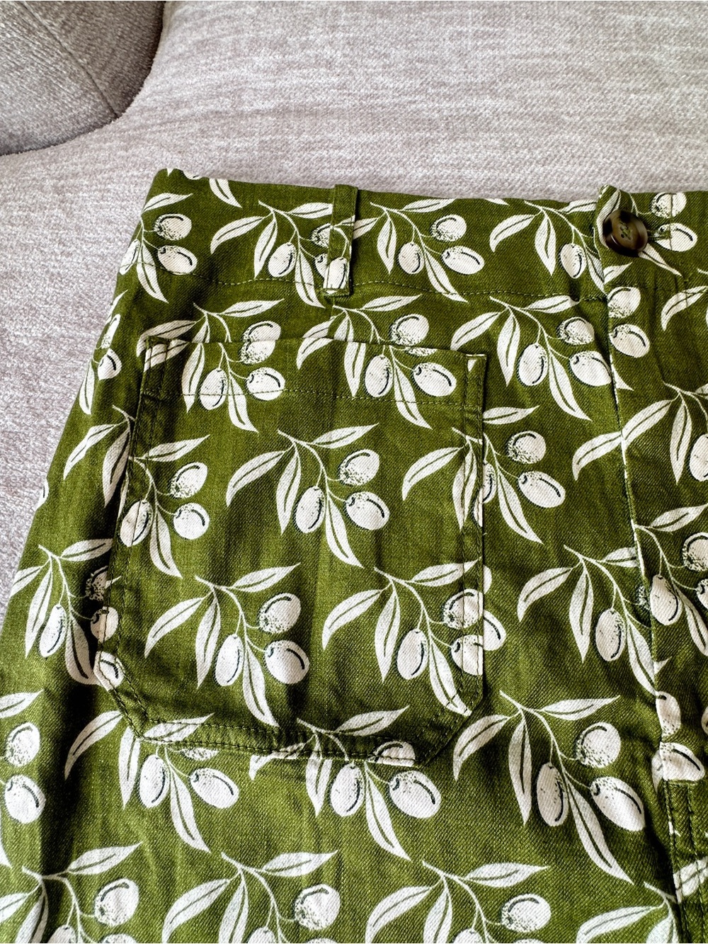 Anthropologie Olive Green Mini Skirt with White Botanical Print - Picture 3 of 11